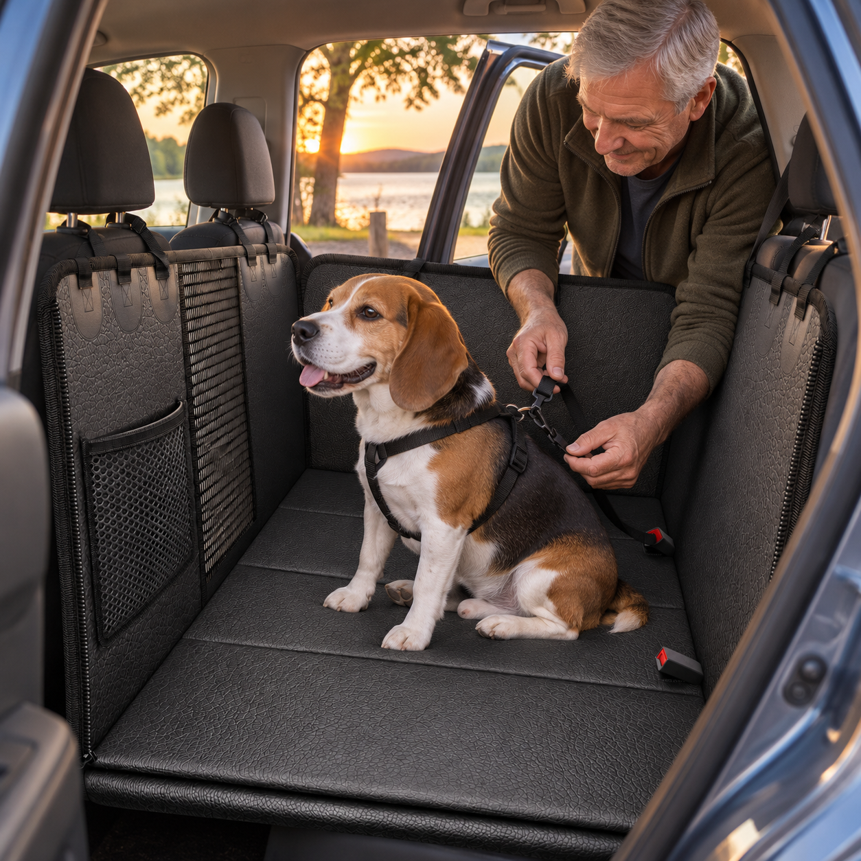 POUPIPETS Dog Car Seat Cover – Hard Bottom Back Seat Hammock, PU Leather, Seat Extender