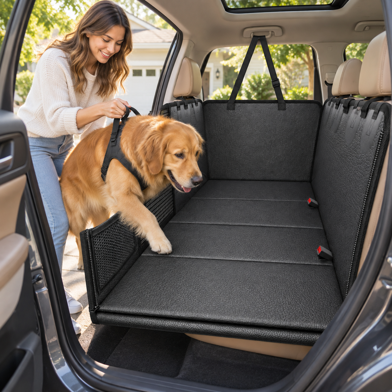 POUPIPETS Dog Car Seat Cover – Hard Bottom Back Seat Hammock, PU Leather, Seat Extender