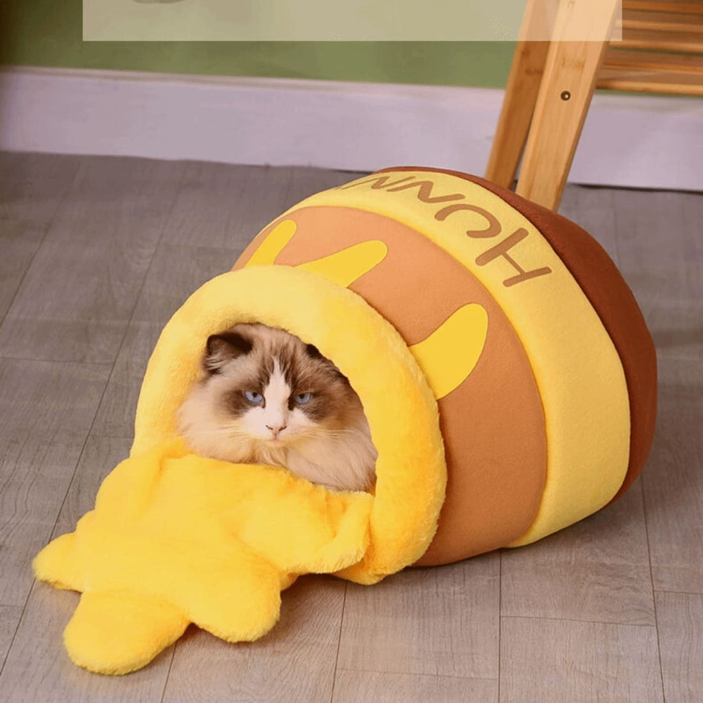 Dailypets Cute Cat Bed, Plush Honey Jar House with Cozy Cushion