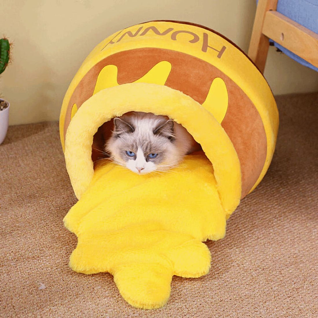 Dailypets Cute Cat Bed, Plush Honey Jar House with Cozy Cushion