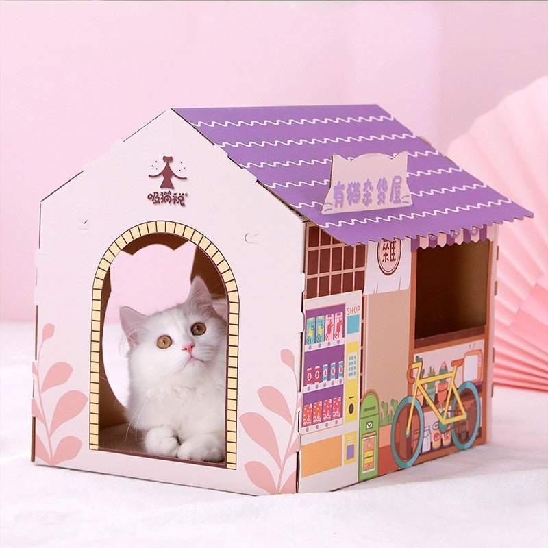 Dailypets Cardboard Cat House – Japanese Café Style Bed with Built-In Scratcher