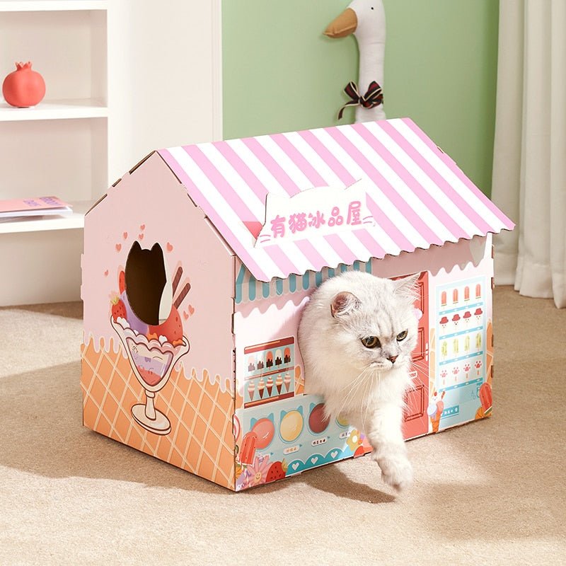Dailypets Cardboard Cat House – Japanese Café Style Bed with Built-In Scratcher