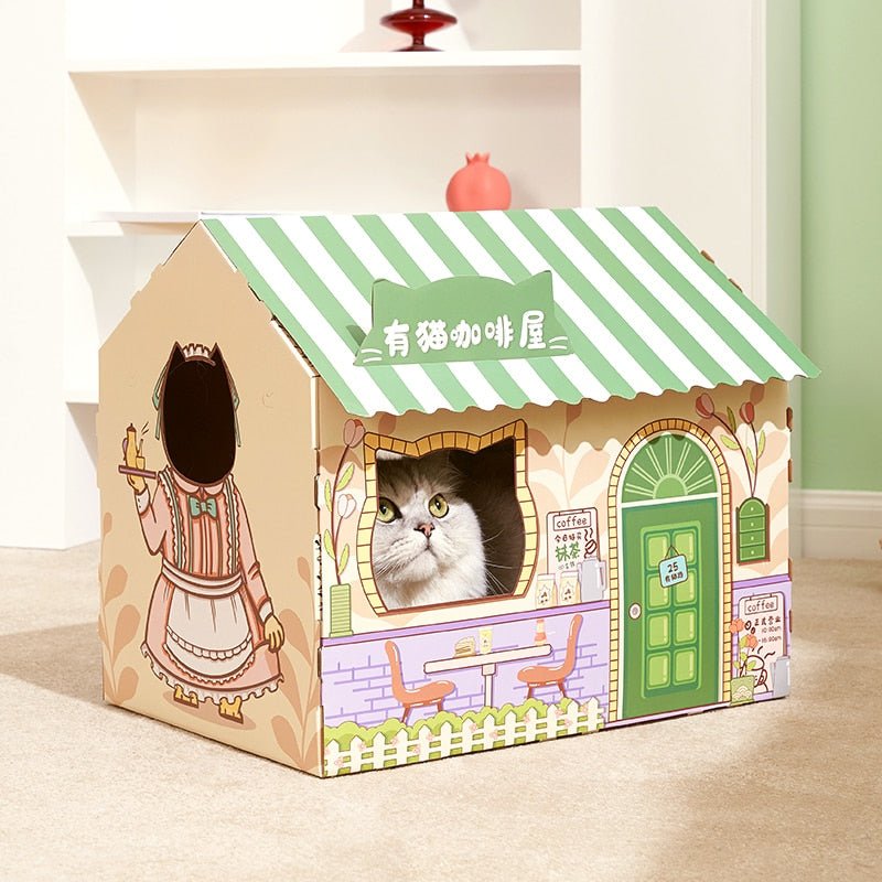 Dailypets Cardboard Cat House – Japanese Café Style Bed with Built-In Scratcher