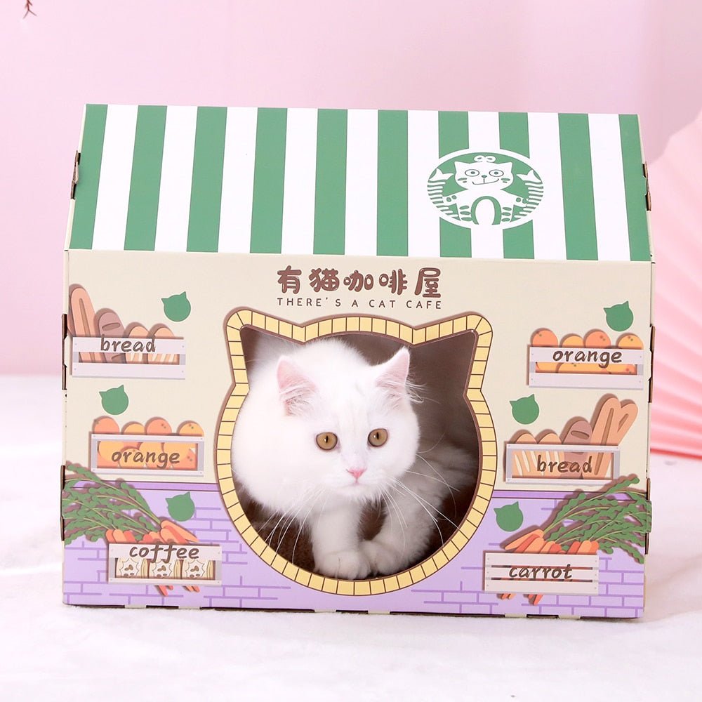 Dailypets Cardboard Cat House – Japanese Café Style Bed with Built-In Scratcher