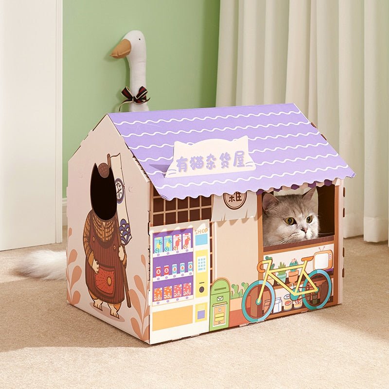 Dailypets Cardboard Cat House – Japanese Café Style Bed with Built-In Scratcher