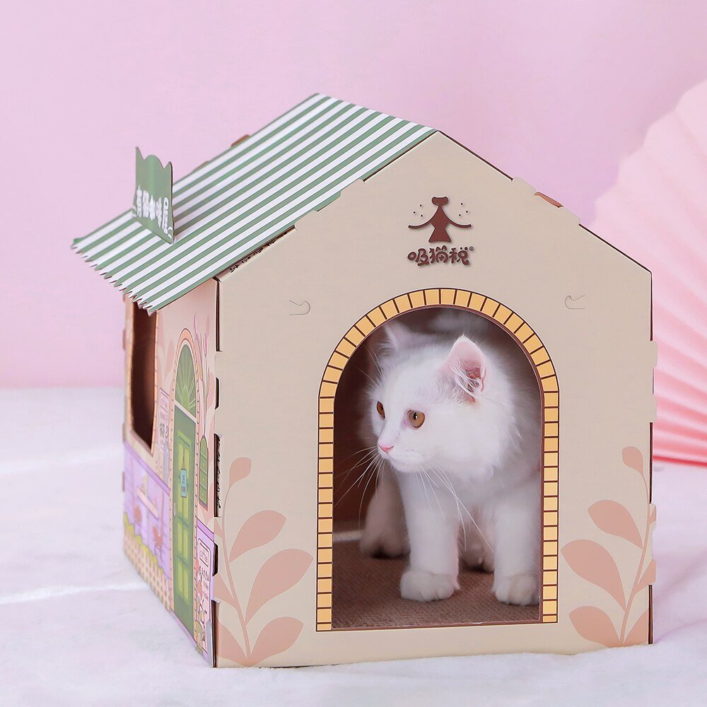 Dailypets Cardboard Cat House – Japanese Café Style Bed with Built-In Scratcher