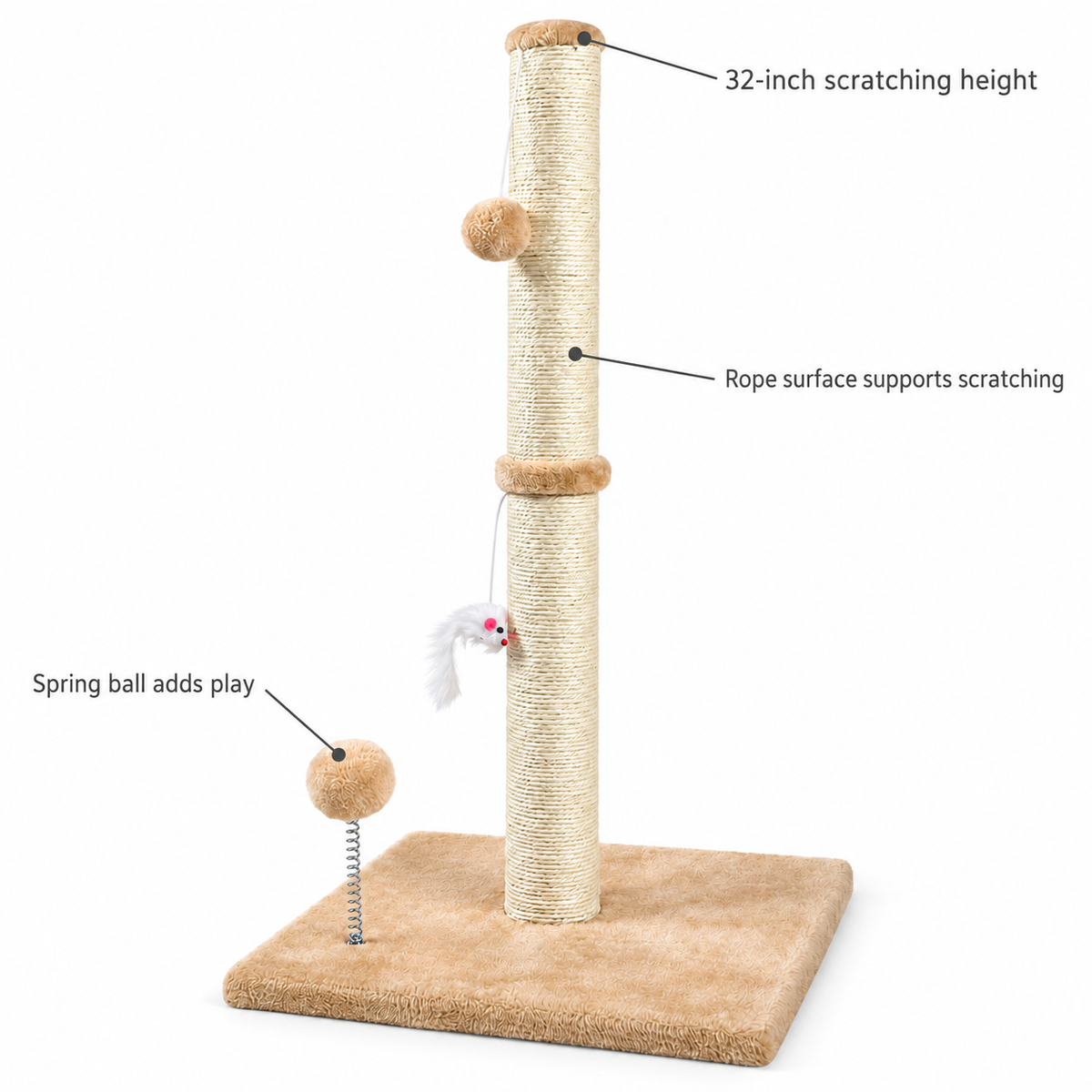 POUPIPETS Cat Scratching Post – 32" Tall Sisal Scratcher with Interactive Toys for Indoor Cats