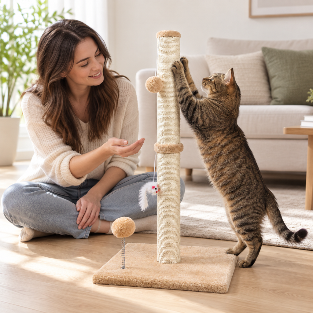 POUPIPETS Cat Scratching Post – 32" Tall Sisal Scratcher with Interactive Toys for Indoor Cats