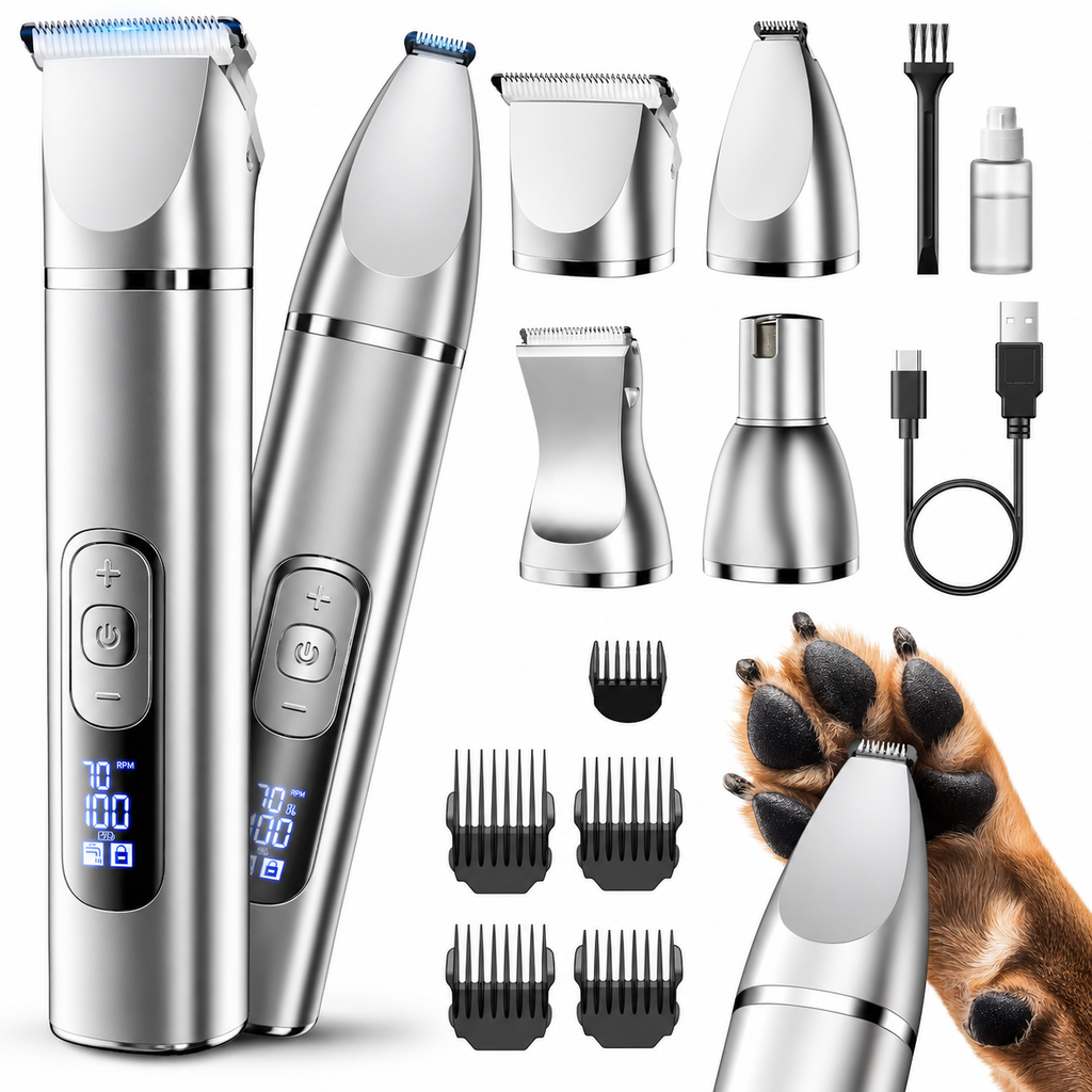 POUPIPETS Dog Grooming Kit – 4-in-1 Cordless Pet Clipper with LCD Display & Paw Trimmer