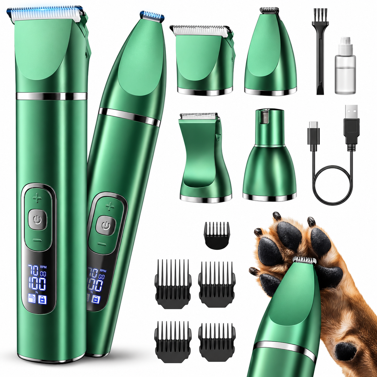 POUPIPETS Dog Grooming Kit – 4-in-1 Cordless Pet Clipper with LCD Display & Paw Trimmer