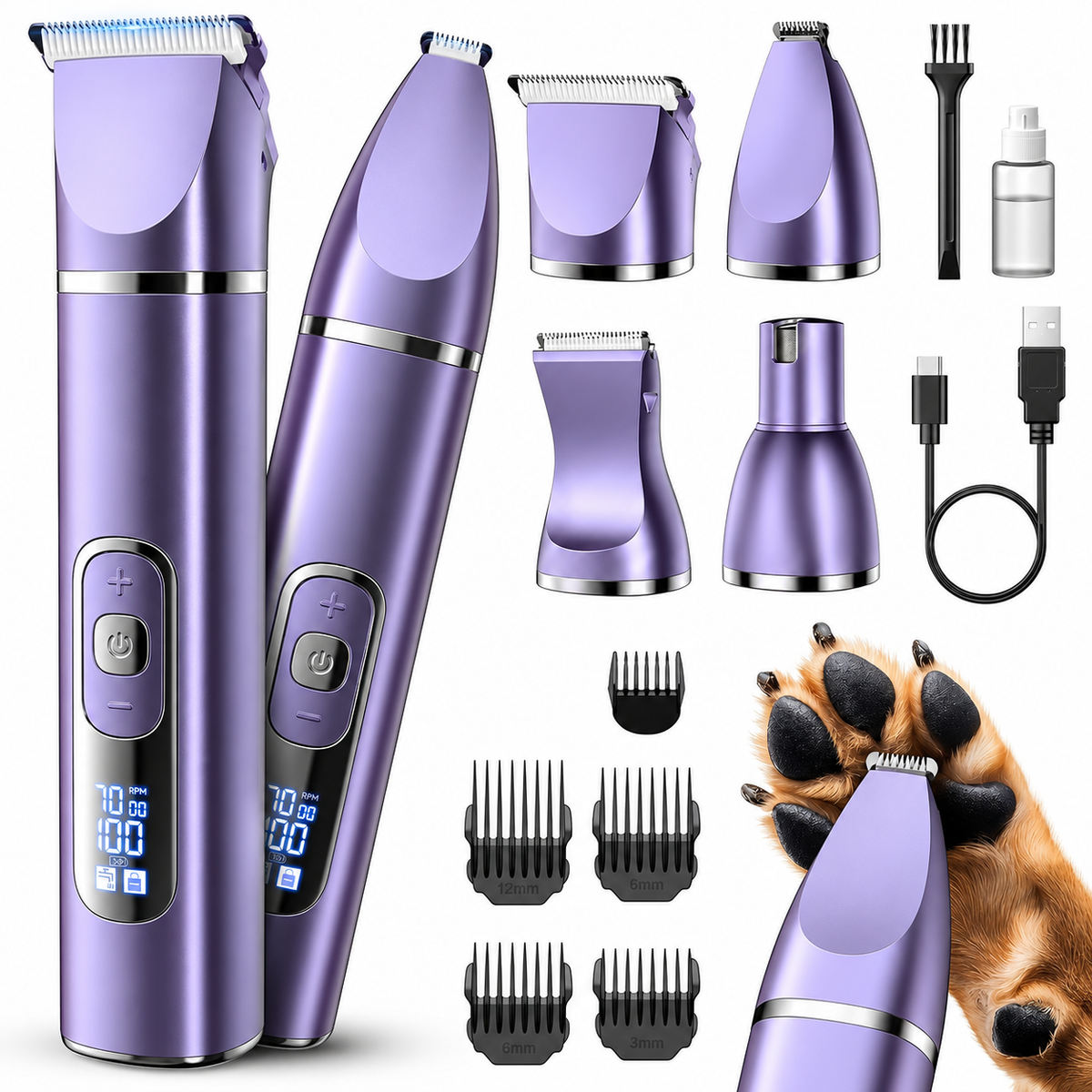 POUPIPETS Dog Grooming Kit – 4-in-1 Cordless Pet Clipper with LCD Display & Paw Trimmer
