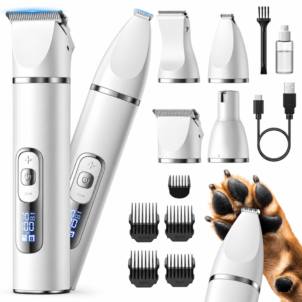 POUPIPETS Dog Grooming Kit – 4-in-1 Cordless Pet Clipper with LCD Display & Paw Trimmer
