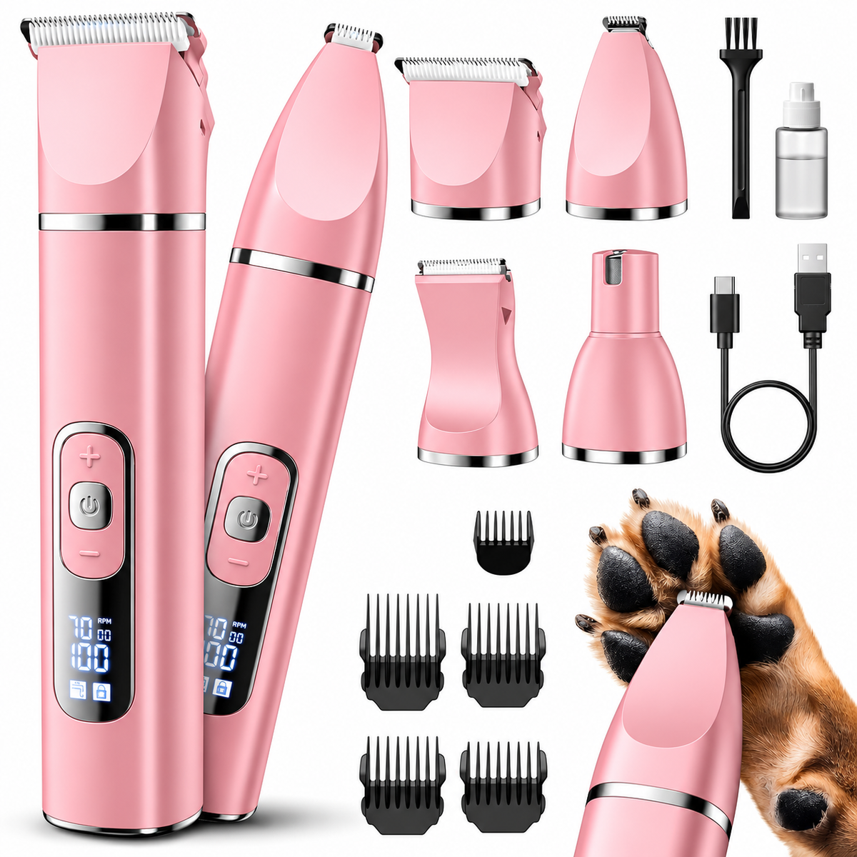 POUPIPETS Dog Grooming Kit – 4-in-1 Cordless Pet Clipper with LCD Display & Paw Trimmer