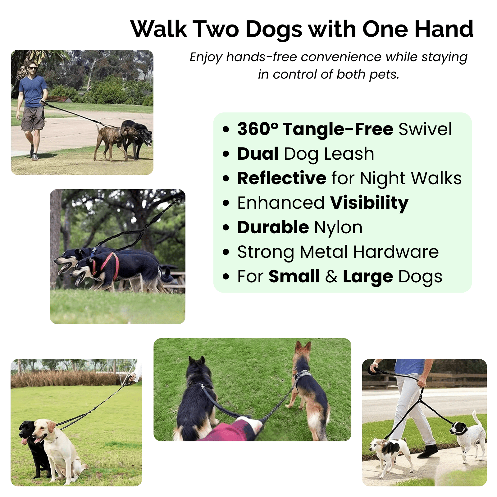 Dailypets Dual Pet Leash Attachment for Two Dogs with Reflective Stitching and Swivel