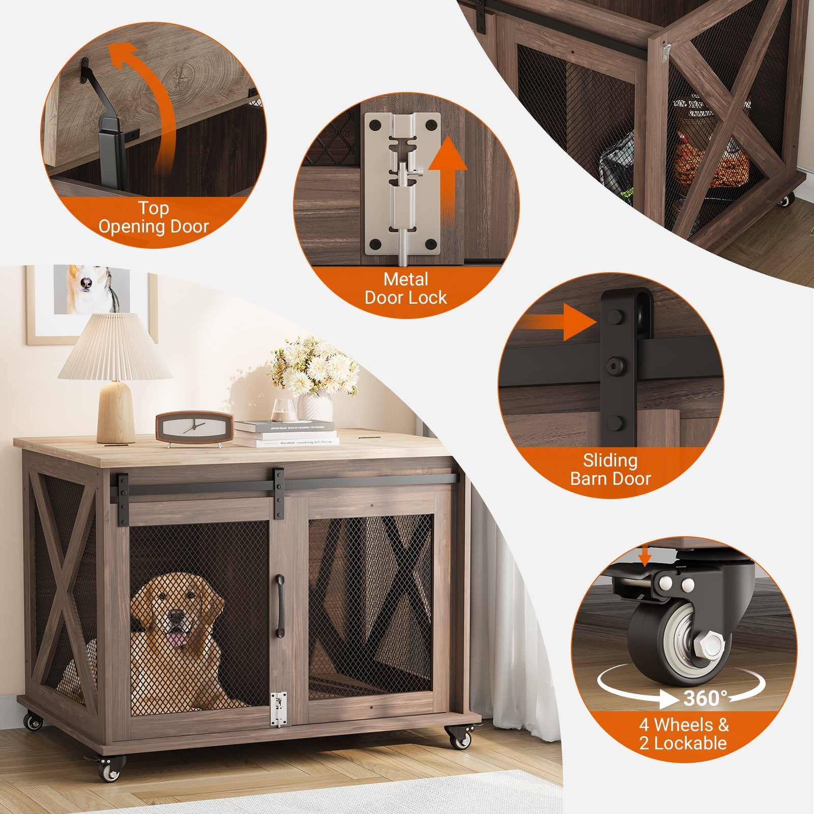 Dailypets Sliding Barn Door Dog Crate Furniture with Flip-Top Access