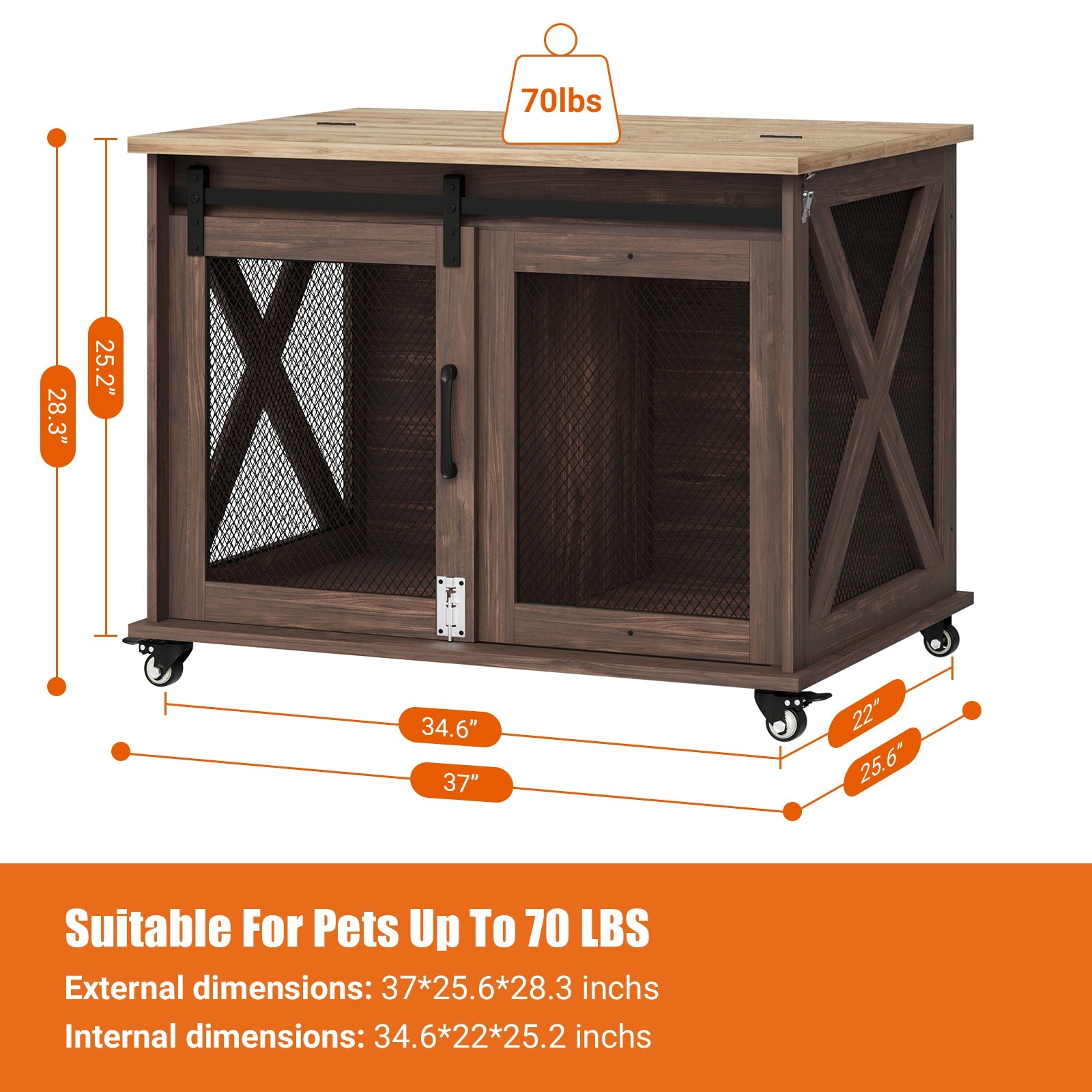 Dailypets Sliding Barn Door Dog Crate Furniture with Flip-Top Access