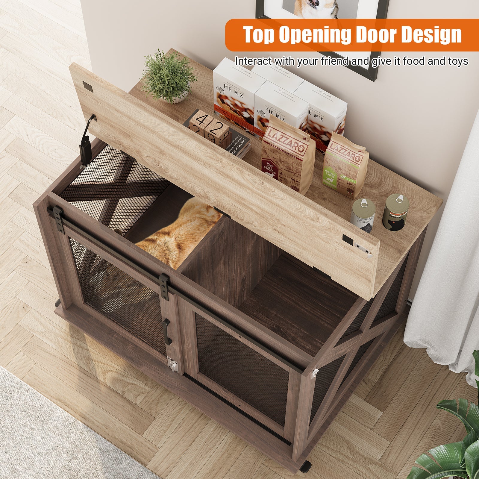 Dailypets Sliding Barn Door Dog Crate Furniture with Flip-Top Access
