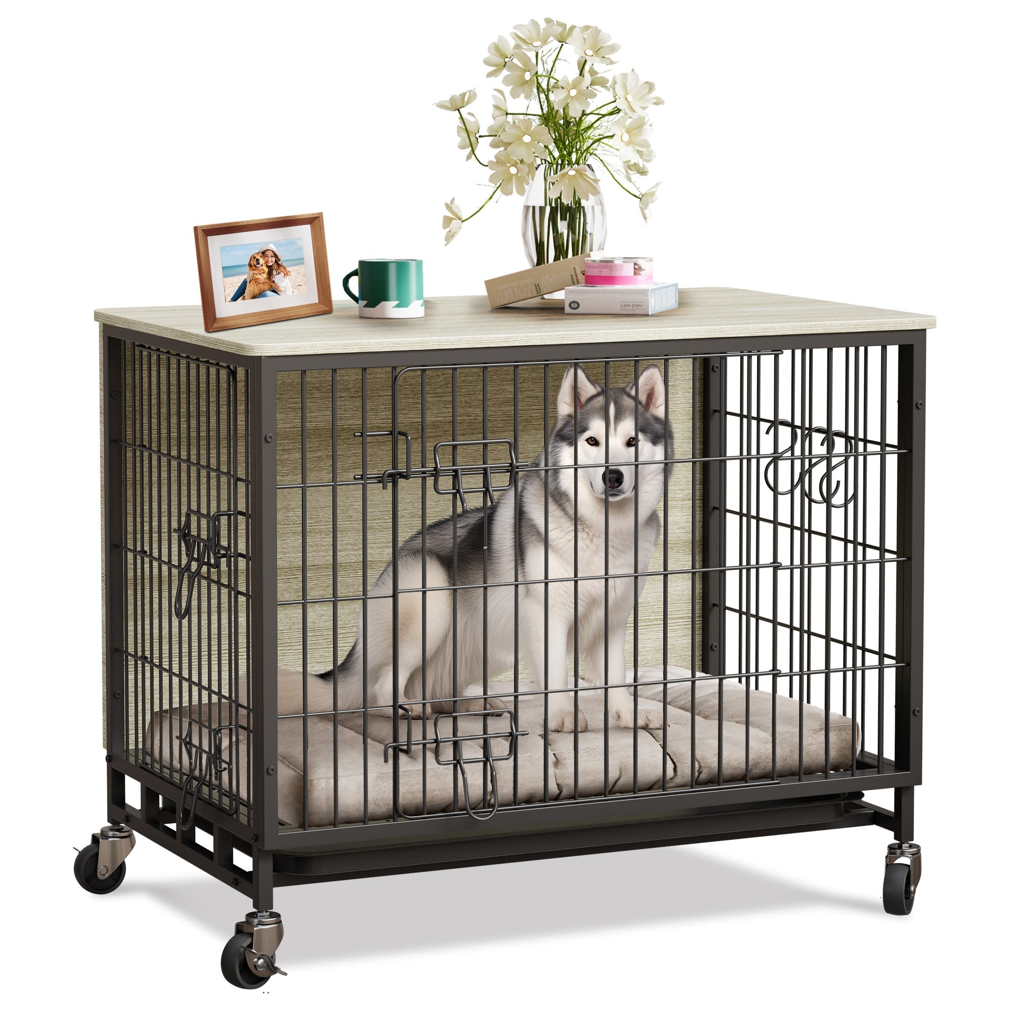 Dailypets Medium Indoor Dog Kennel with Dual Entry & Lockable Wheels