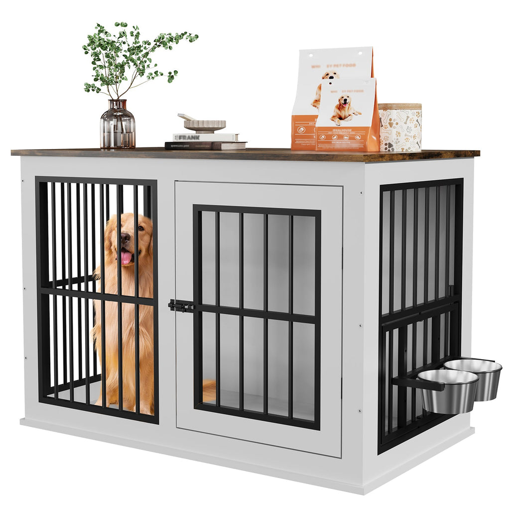 Dailypets Wooden Indoor Dog Kennel with Lift-Top Compartment and Feeding Station