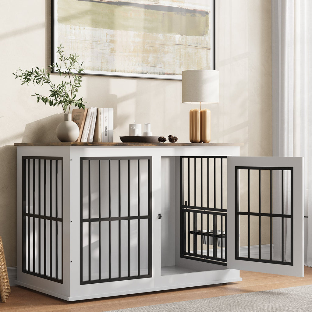 Dailypets Wooden Indoor Dog Kennel with Lift-Top Compartment and Feeding Station