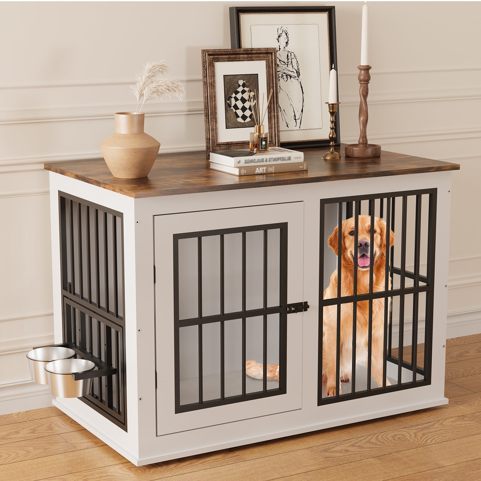 Dailypets Wooden Indoor Dog Kennel with Lift-Top Compartment and Feeding Station
