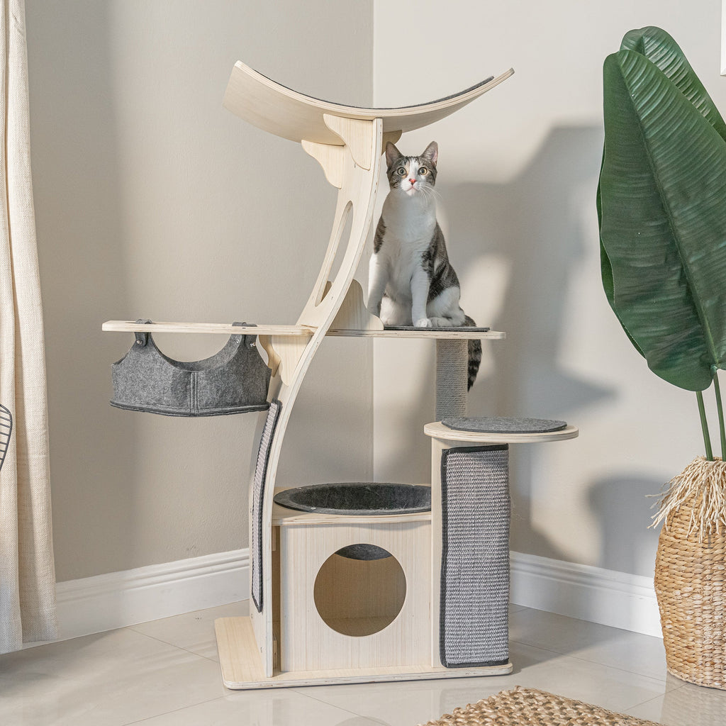 Dailypets Wooden Cat Tree Condo, Multi-Level Tower with Hammock and Cubby