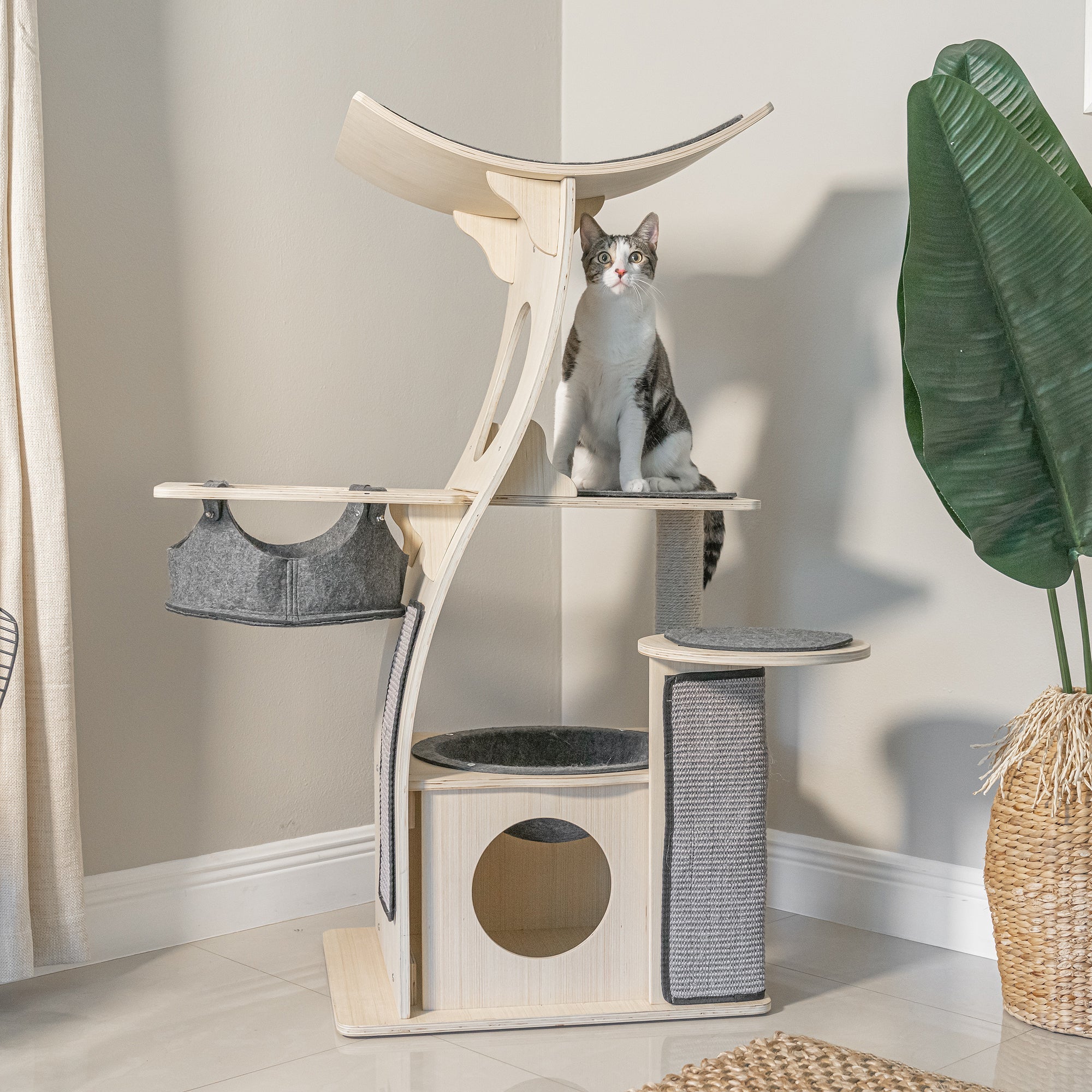 Dailypets Wooden Cat Tree Condo, Multi-Level Tower with Hammock and Cubby