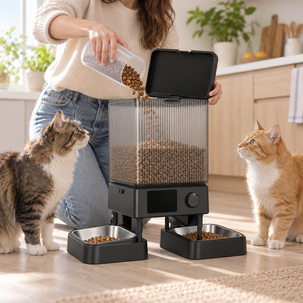 POUPIPETS Automatic Pet Feeder – Smart Timed Food Dispenser with Dual Bowls for 2 Cats