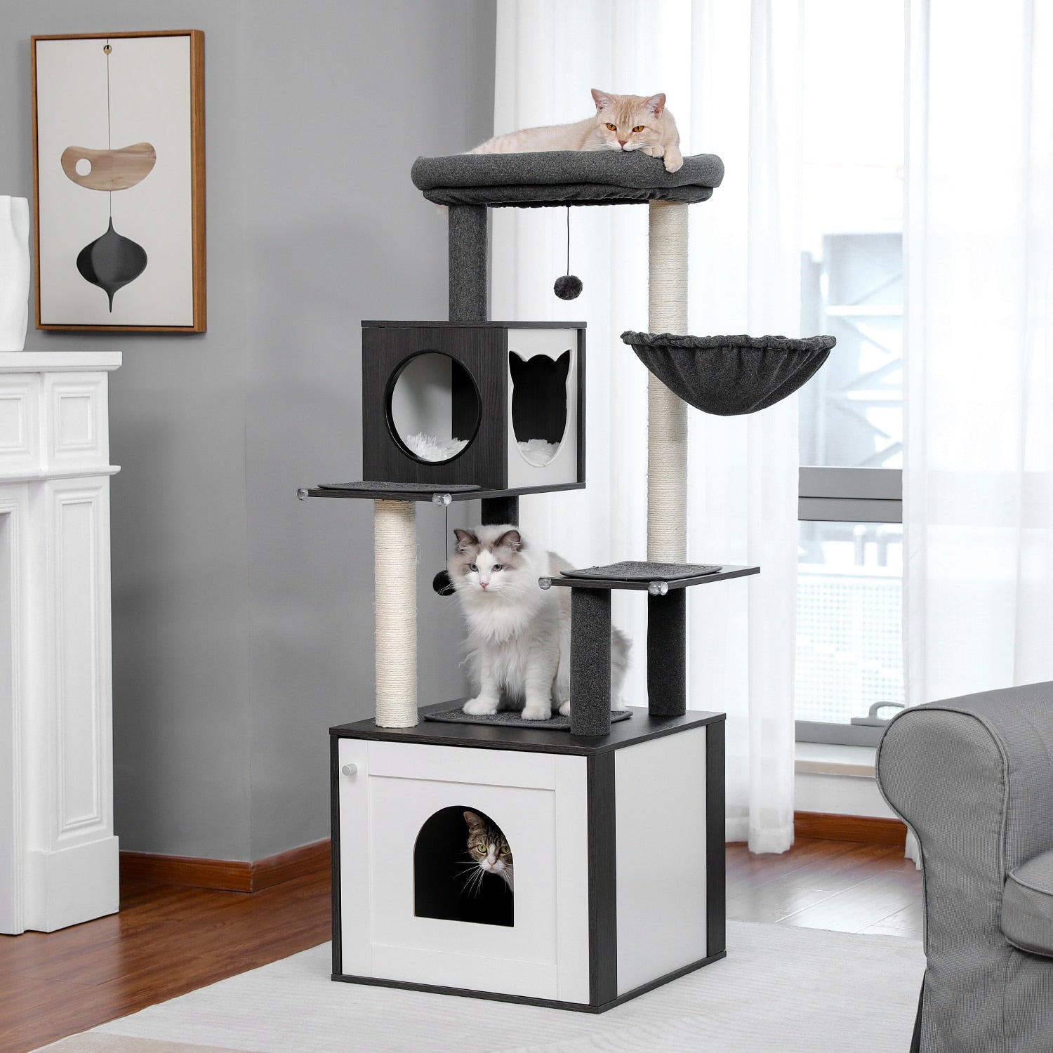 Dailypets Modern Cat Tree with Hidden Litter Box Enclosure – Multi-Level Cat Tower for Indoor Cats