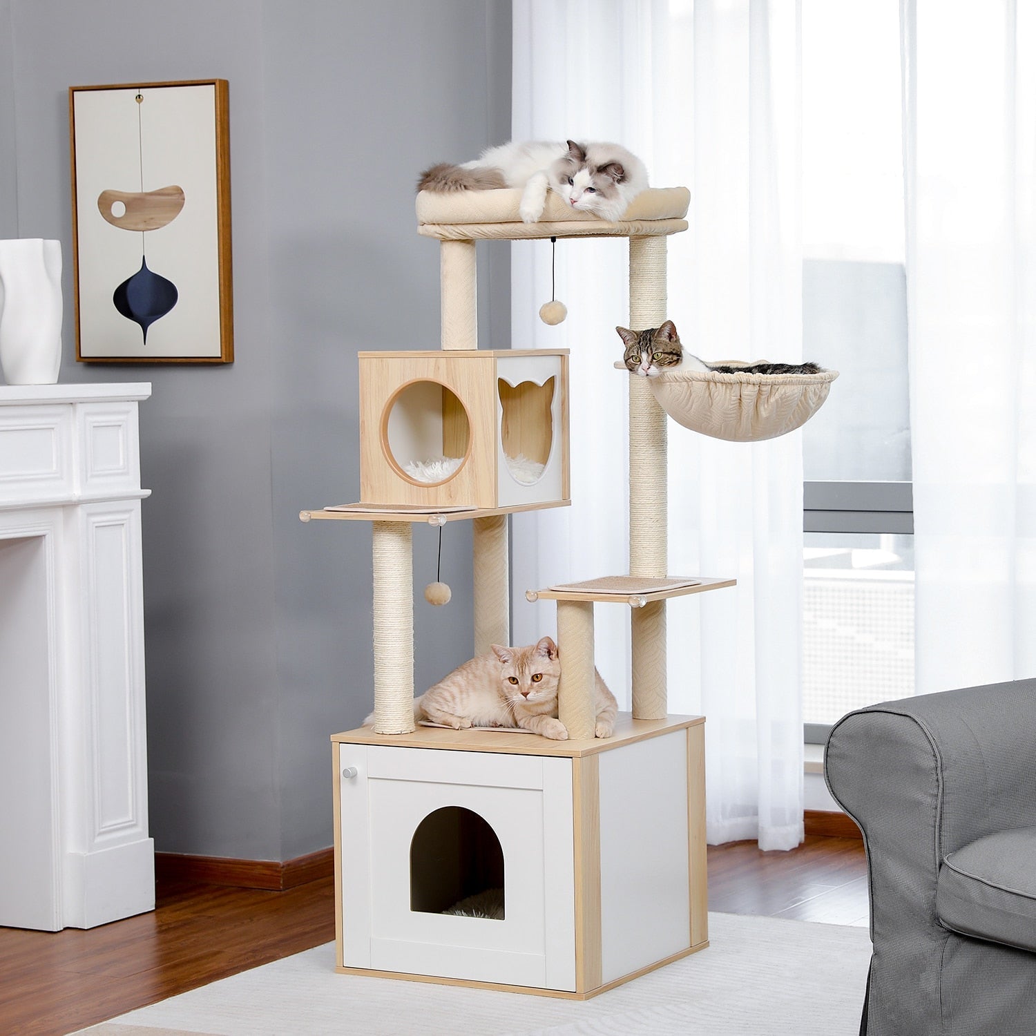 Dailypets Modern Cat Tree with Hidden Litter Box Enclosure – Multi-Level Cat Tower for Indoor Cats
