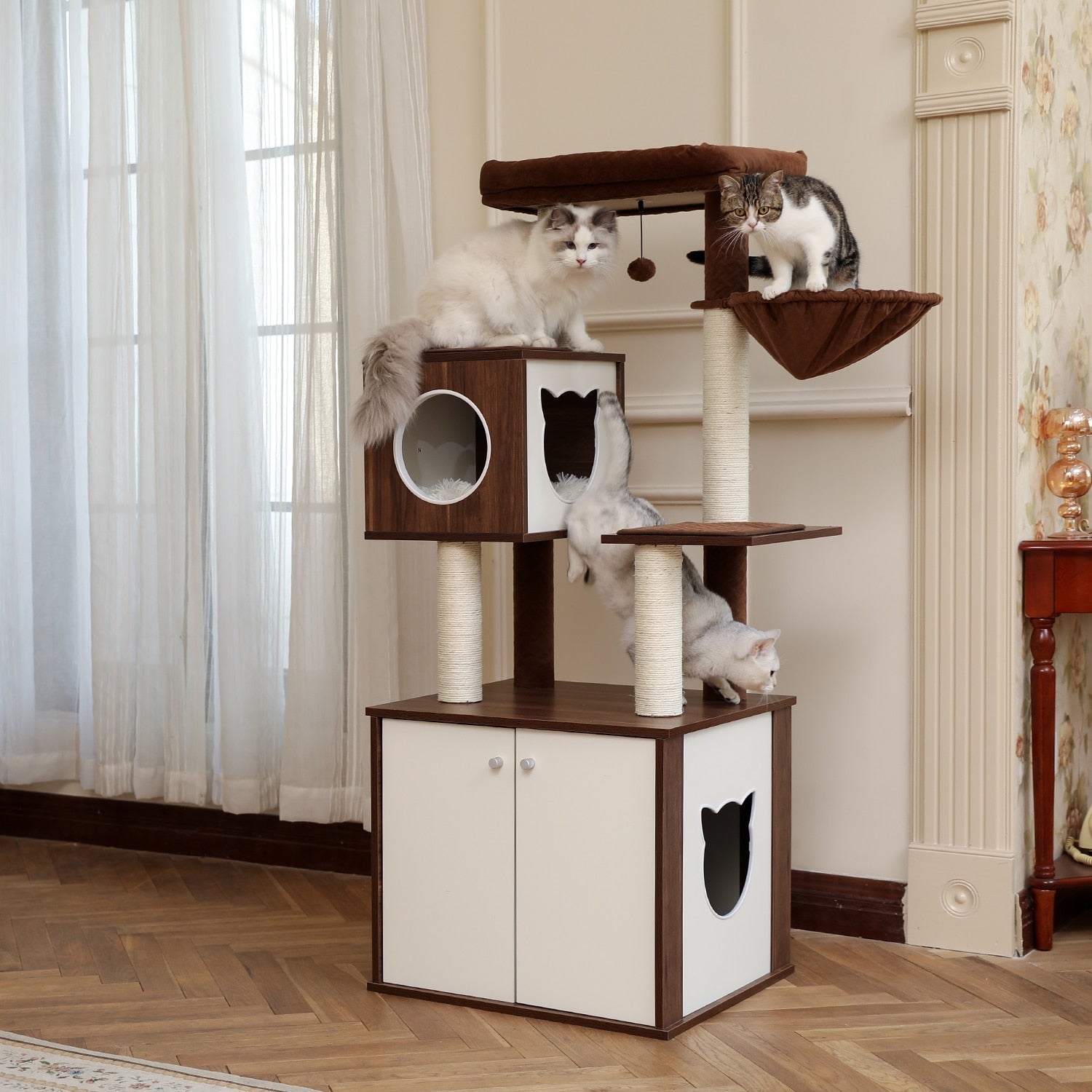 Dailypets Modern Cat Tree with Hidden Litter Box Enclosure – Multi-Level Cat Tower for Indoor Cats