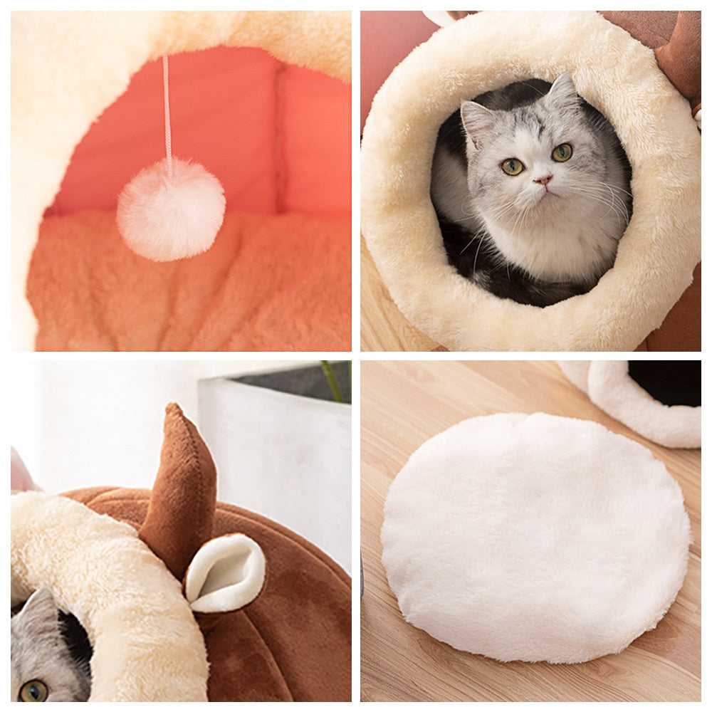 Dailypets Semi-Enclosed Plush Cat Bed with Animal Ear Design