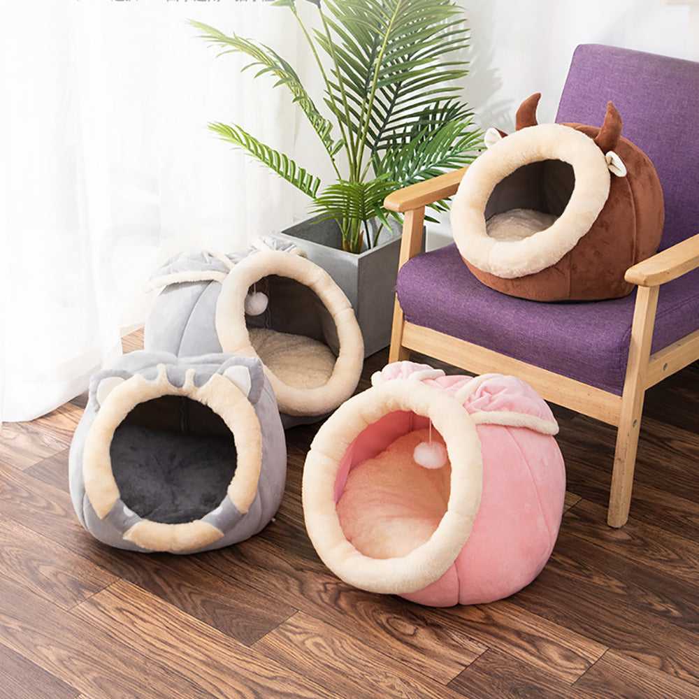 Dailypets Semi-Enclosed Plush Cat Bed with Animal Ear Design