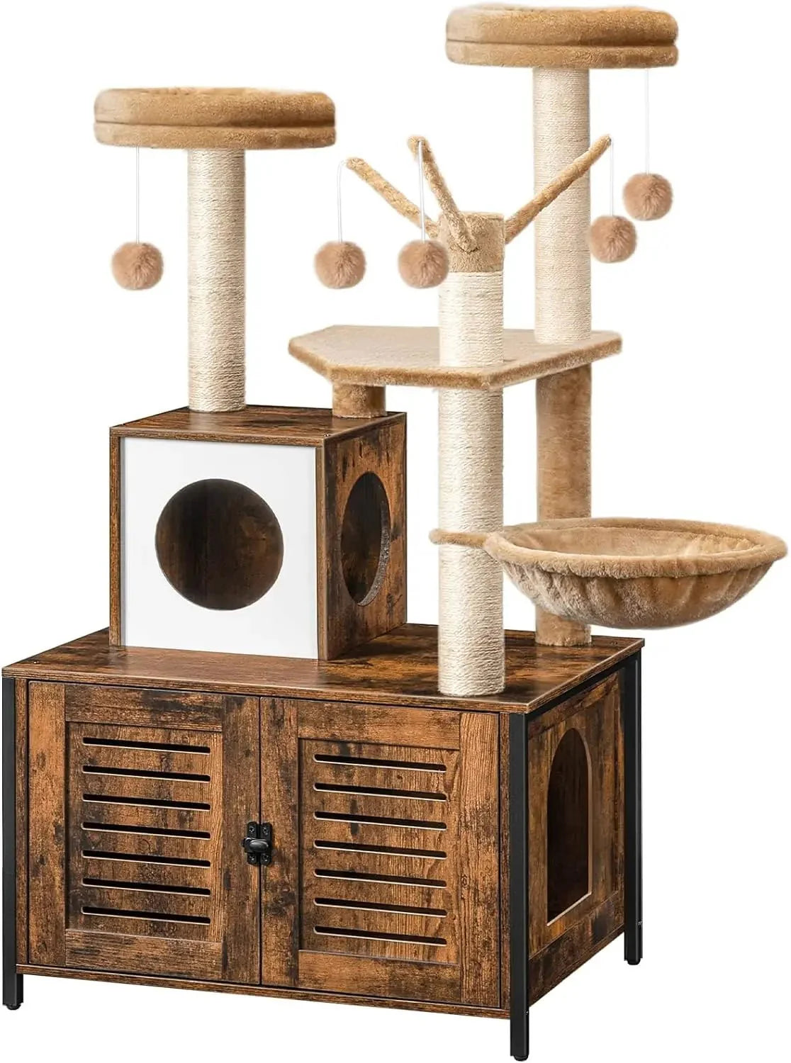 Dailypets Multifunctional Cat Tower – Cat Tree with Louvered Litter Cabinet & Cat House