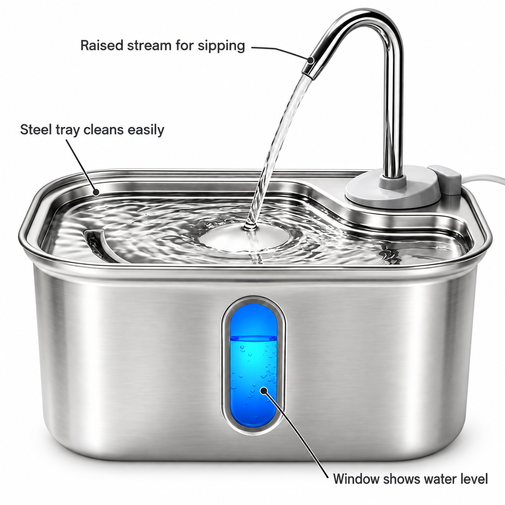 POUPIPETS Cat Water Fountain – 2.5L Stainless Steel Ultra Quiet 6-Layer Filter System
