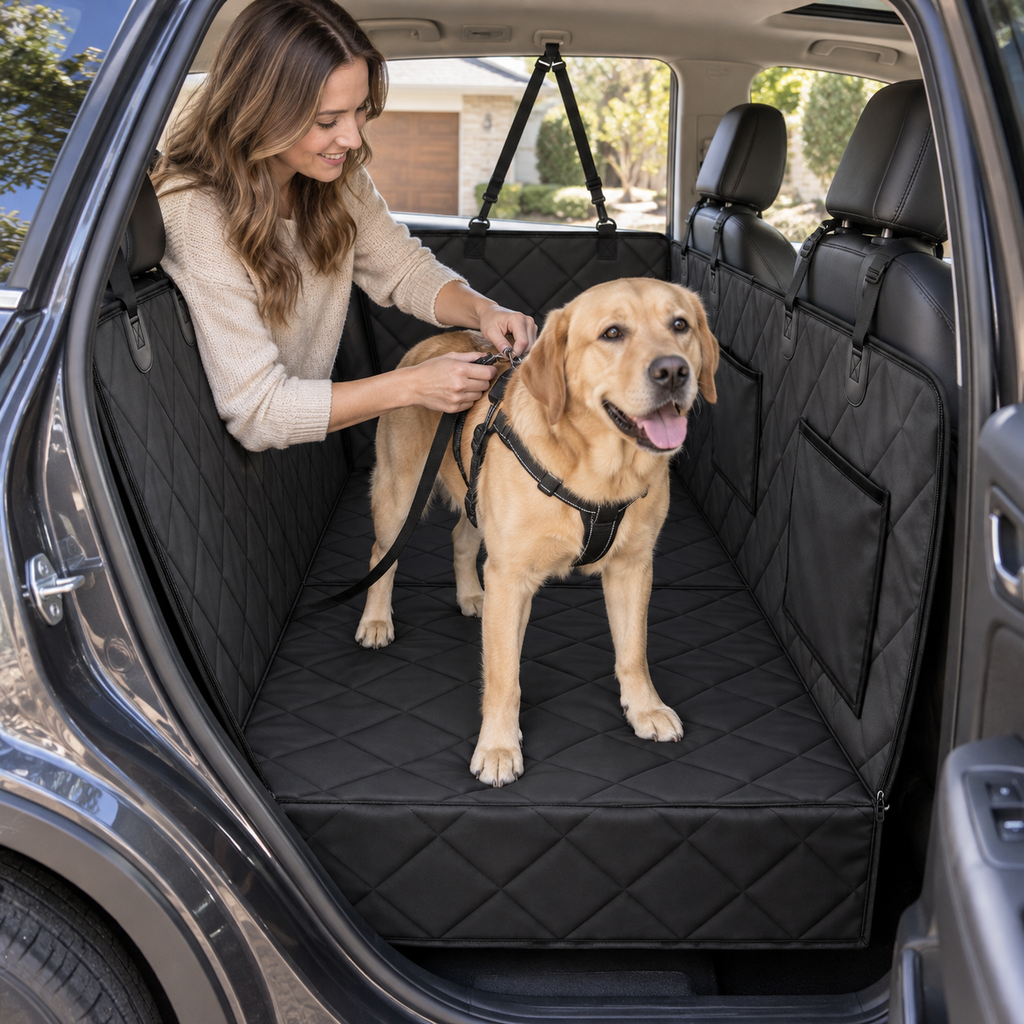 POUPIPETS Dog Car Seat Cover – Hard Bottom Back Seat Extender, 420 lb Support