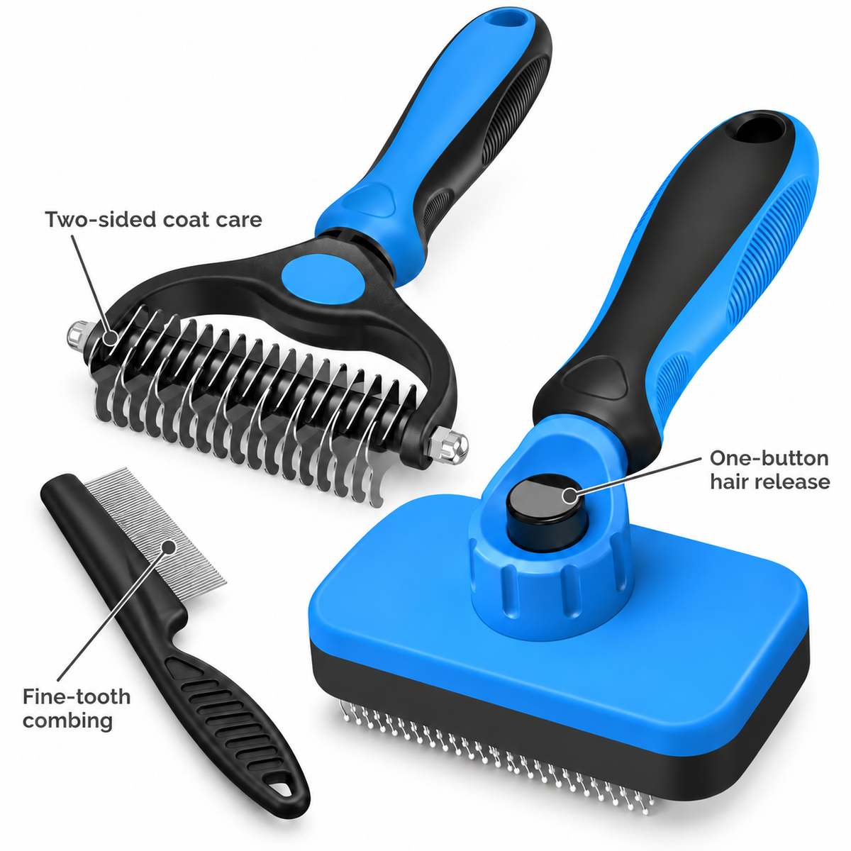 POUPIPETS Pet Grooming Kit – Self-Cleaning Slicker Brush, Deshedding Rake & Flea Comb