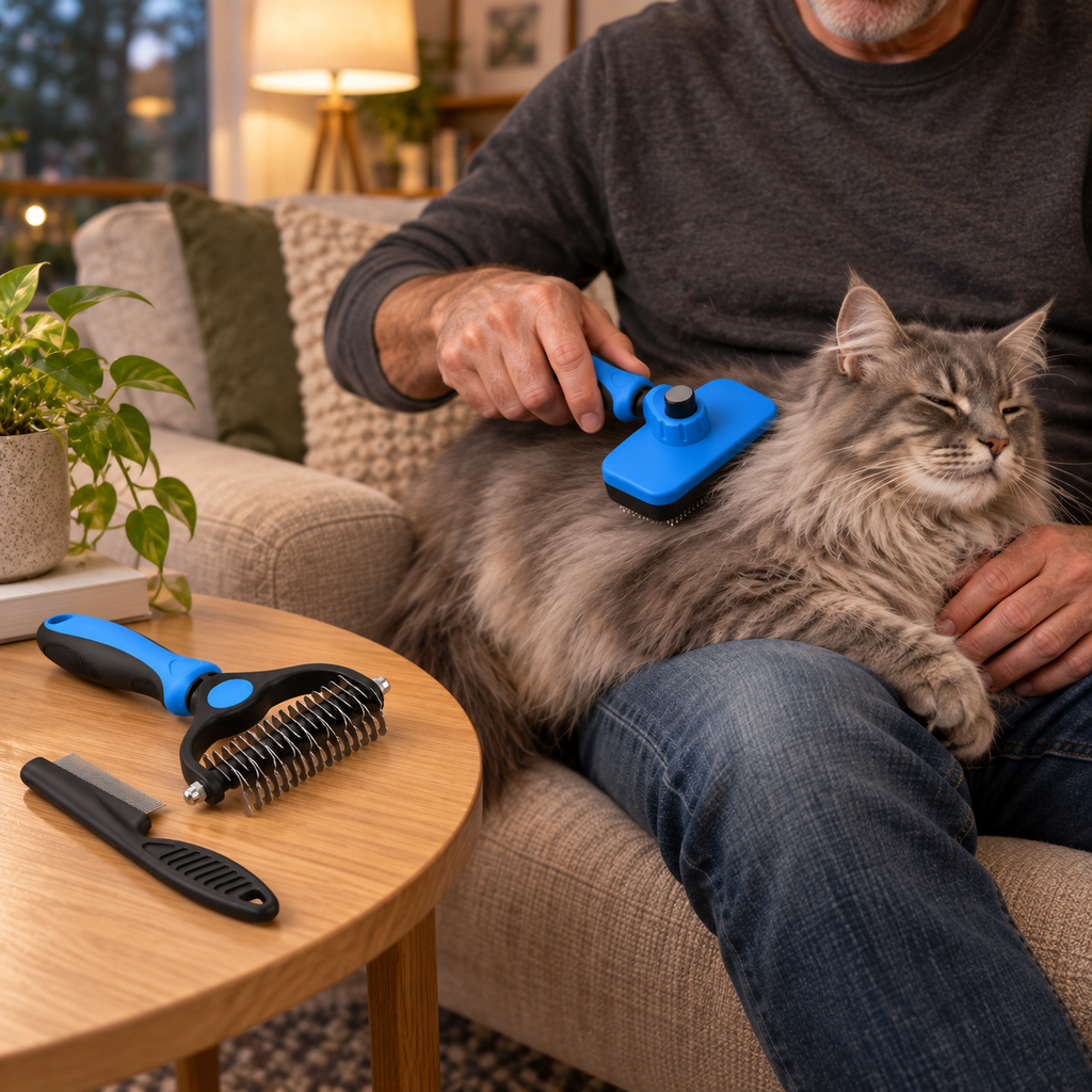 POUPIPETS Pet Grooming Kit – Self-Cleaning Slicker Brush, Deshedding Rake & Flea Comb