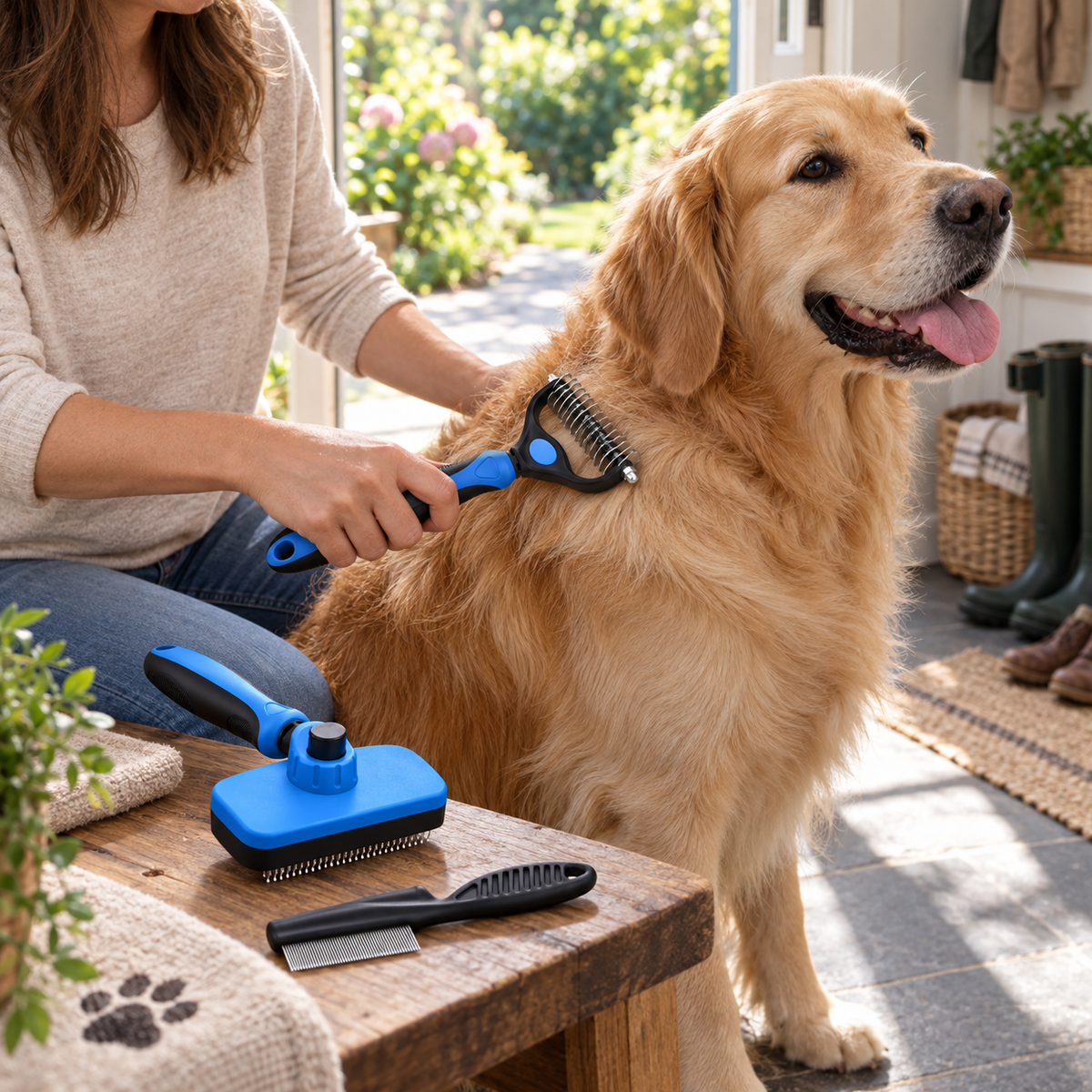 POUPIPETS Pet Grooming Kit – Self-Cleaning Slicker Brush, Deshedding Rake & Flea Comb