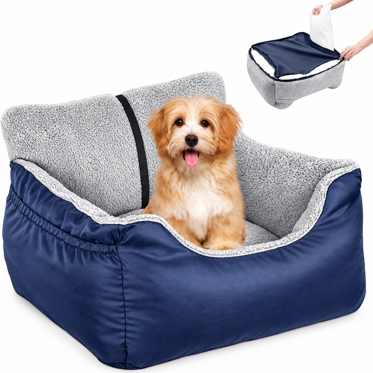POUPIPETS Dog Car Seat – Plush Booster Bed with Safety Strap & Storage for Small Dogs