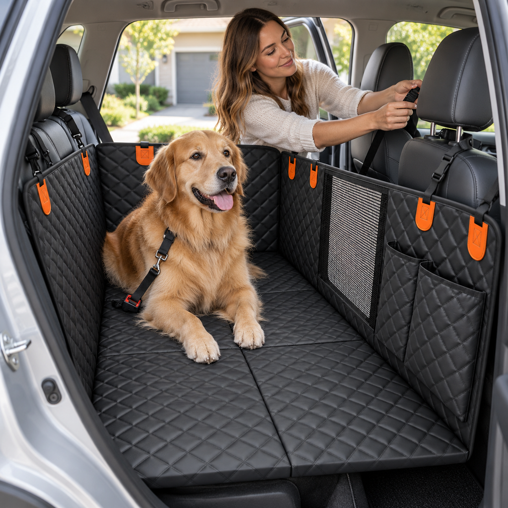 POUPIPETS Dog Car Seat Cover – Hard Bottom Back Seat Hammock, 400 lb Support