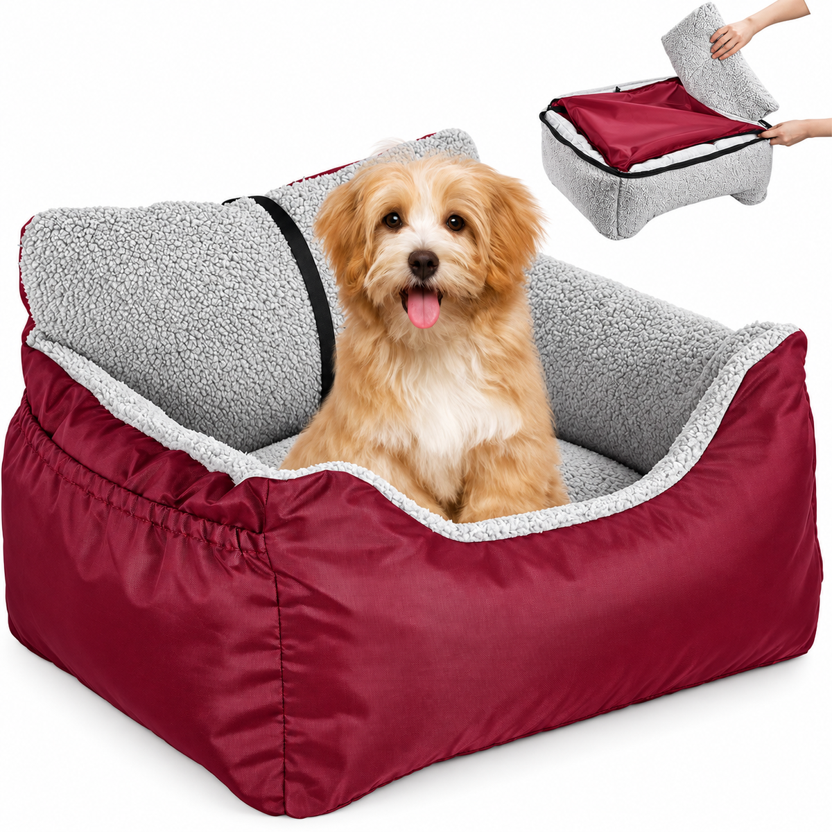 POUPIPETS Dog Car Seat – Plush Booster Bed with Safety Strap & Storage for Small Dogs