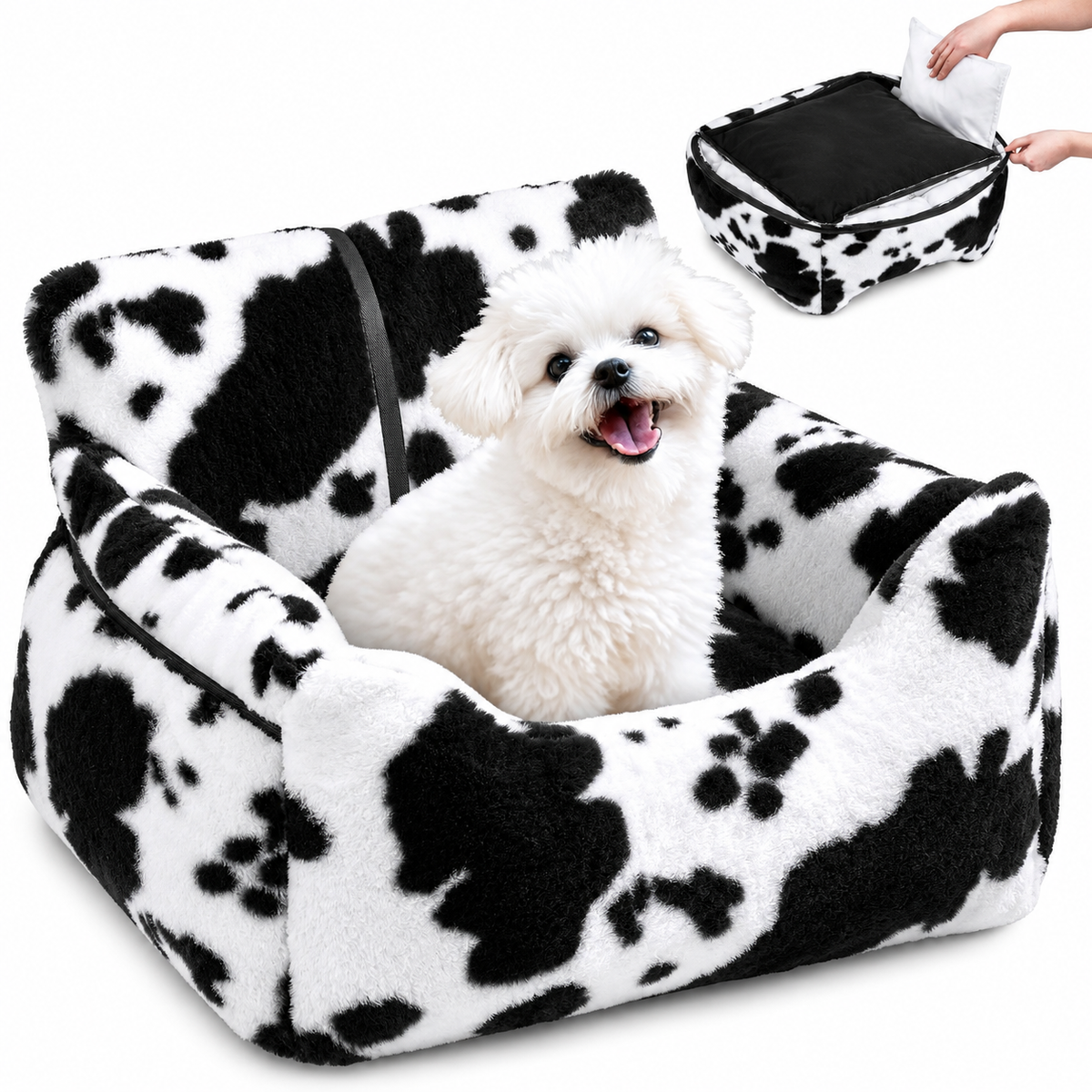 POUPIPETS Dog Car Seat – Plush Booster Bed with Safety Strap & Storage for Small Dogs