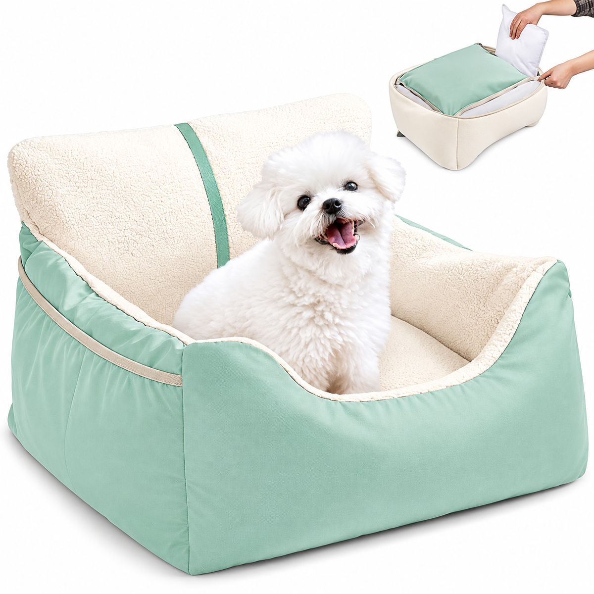 POUPIPETS Dog Car Seat – Plush Booster Bed with Safety Strap & Storage for Small Dogs