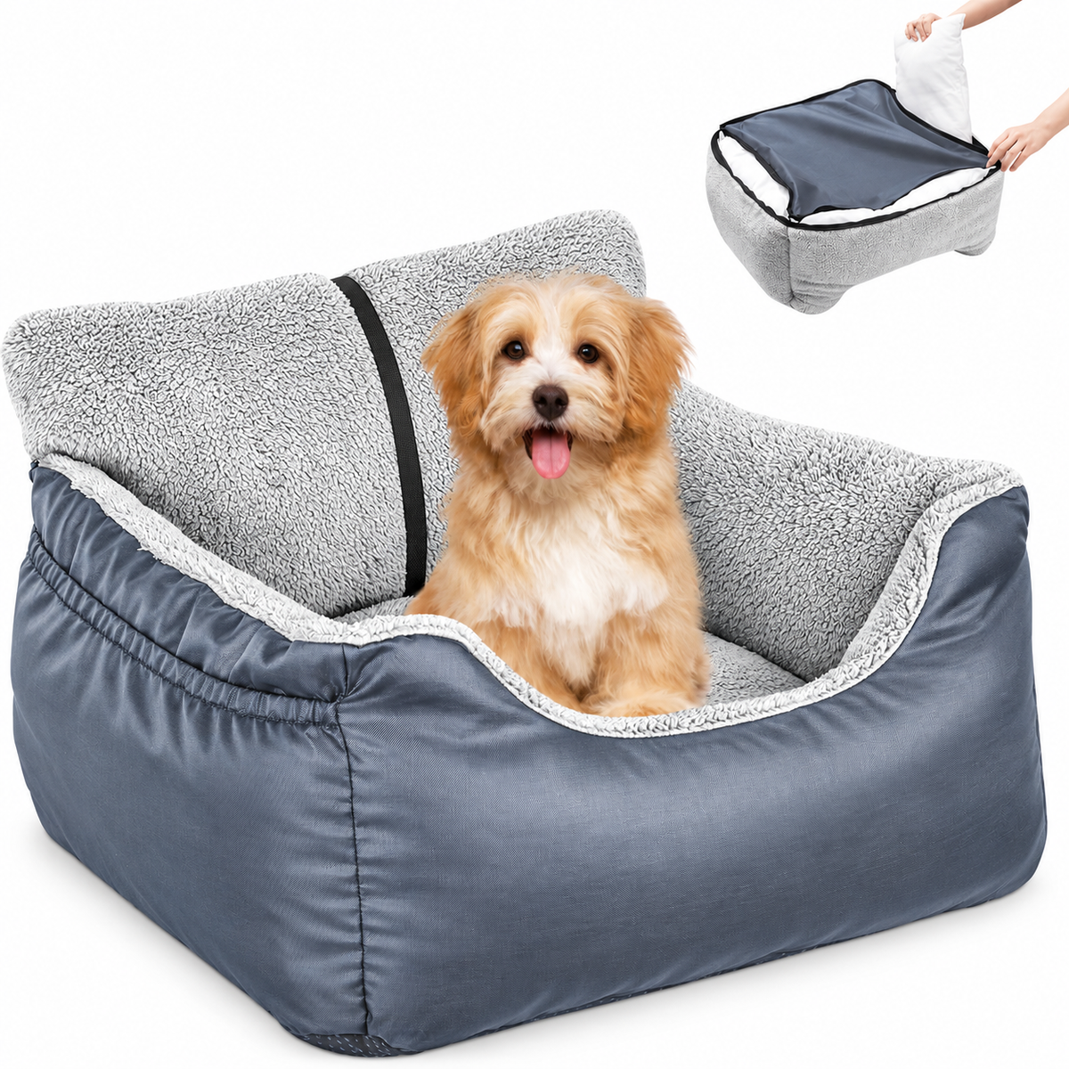 POUPIPETS Dog Car Seat – Plush Booster Bed with Safety Strap & Storage for Small Dogs