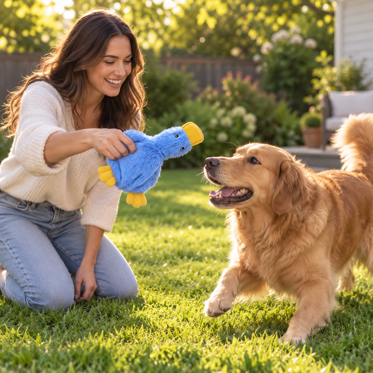 POUPIPETS Squeaky Dog Toy – Plush Crinkle Duck Interactive Chew Toy for Dogs