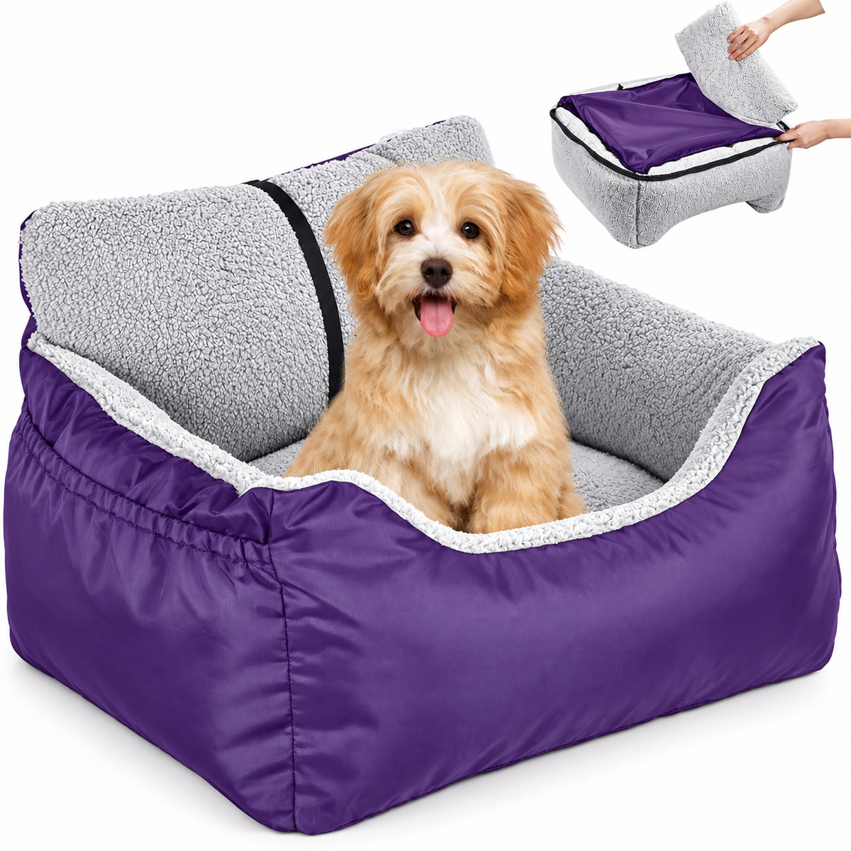 POUPIPETS Dog Car Seat – Plush Booster Bed with Safety Strap & Storage for Small Dogs
