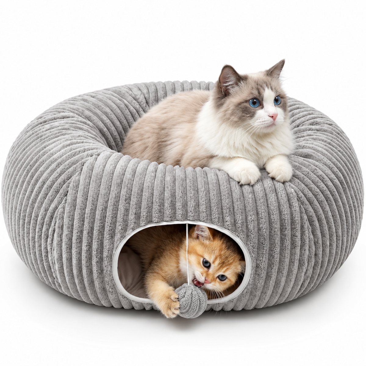 POUPIPETS Cat Tunnel Bed – 2-in-1 Donut Cat Cave with Plush Bed & Hanging Toy