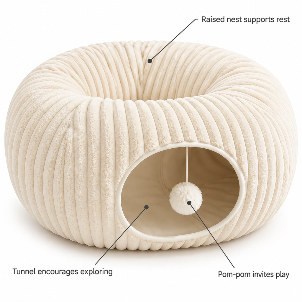 POUPIPETS Cat Tunnel Bed – 2-in-1 Donut Cat Cave with Plush Bed & Hanging Toy