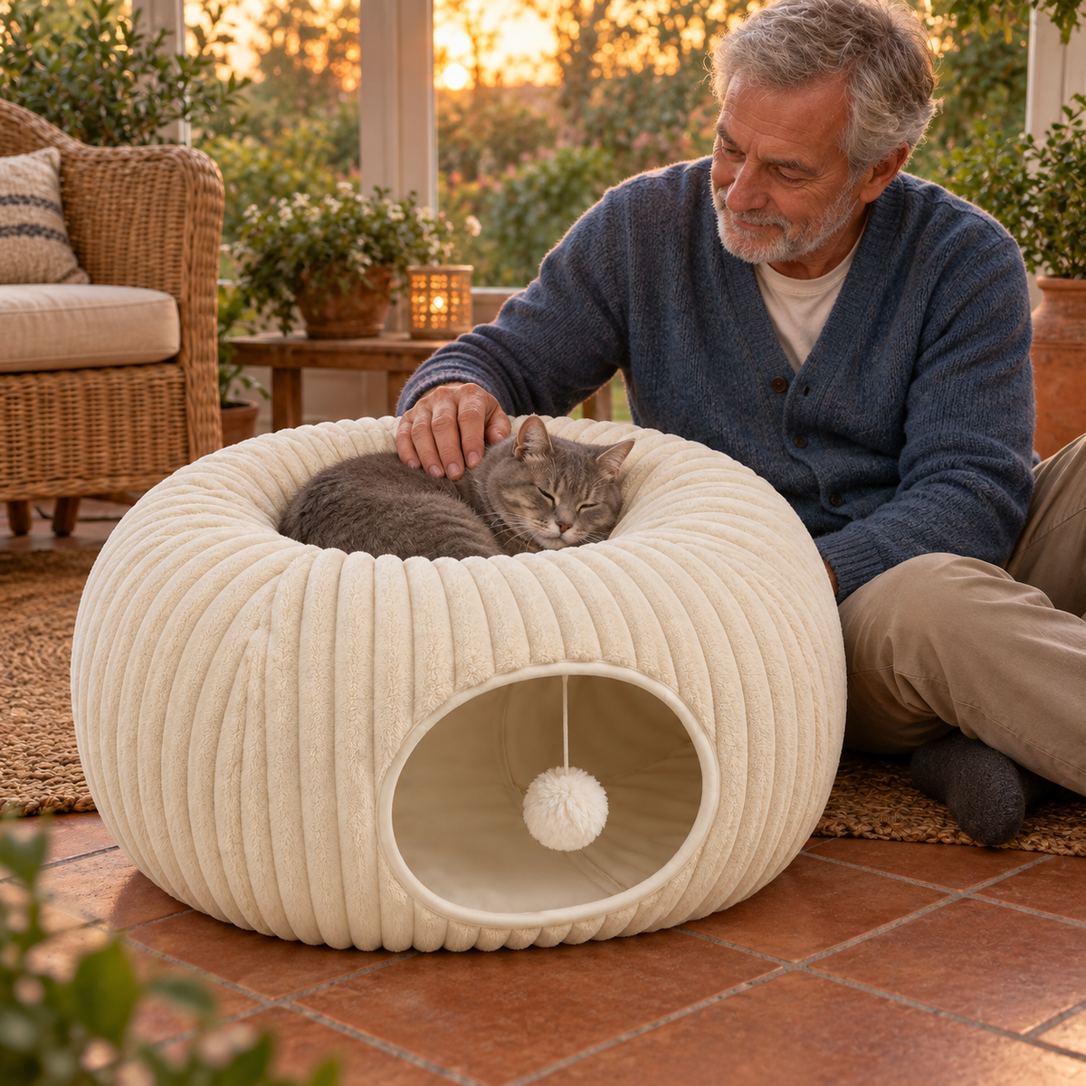 POUPIPETS Cat Tunnel Bed – 2-in-1 Donut Cat Cave with Plush Bed & Hanging Toy